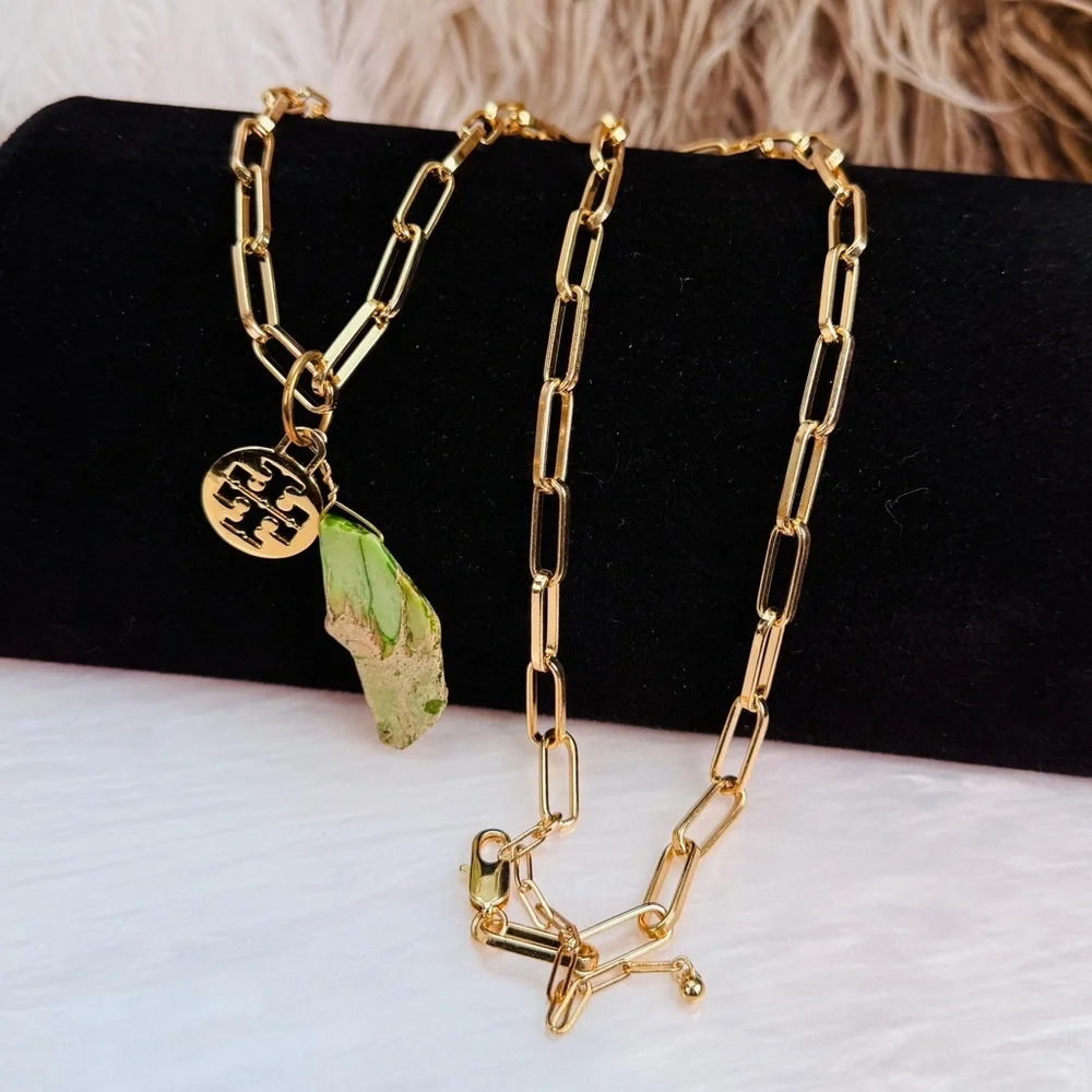 Goldtone chunky chain green statement stone and a Tory Burch charm 34” necklace